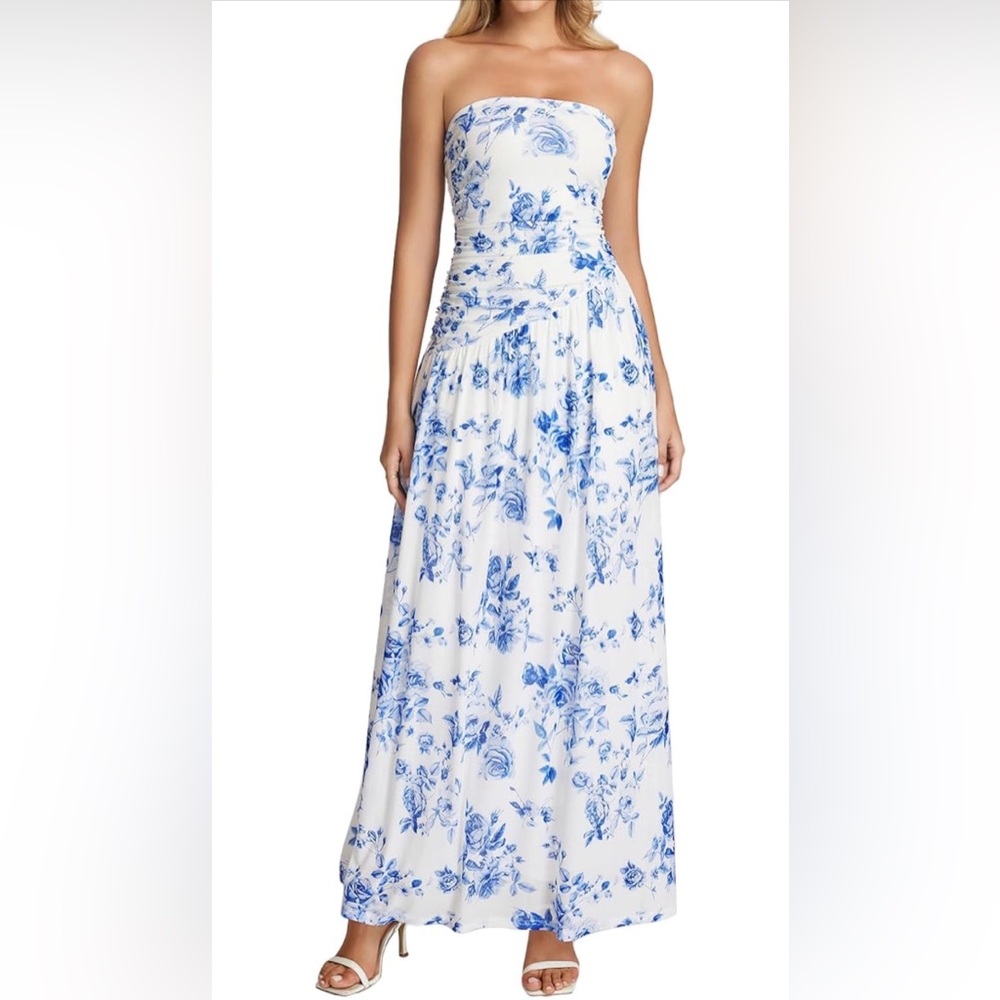 Elegant Blue Floral Strapless Dress NWT XL